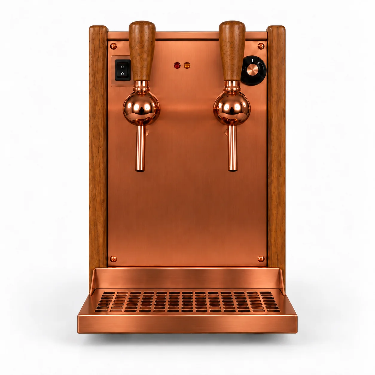 Vorderansicht: Heiße Spitze II EP Woodline – DUO/105 mit handgearbeiteten Seitenteilen aus geölter Eiche, Kupfer oder SGC und zwei veredelten Ausgabepunkten.