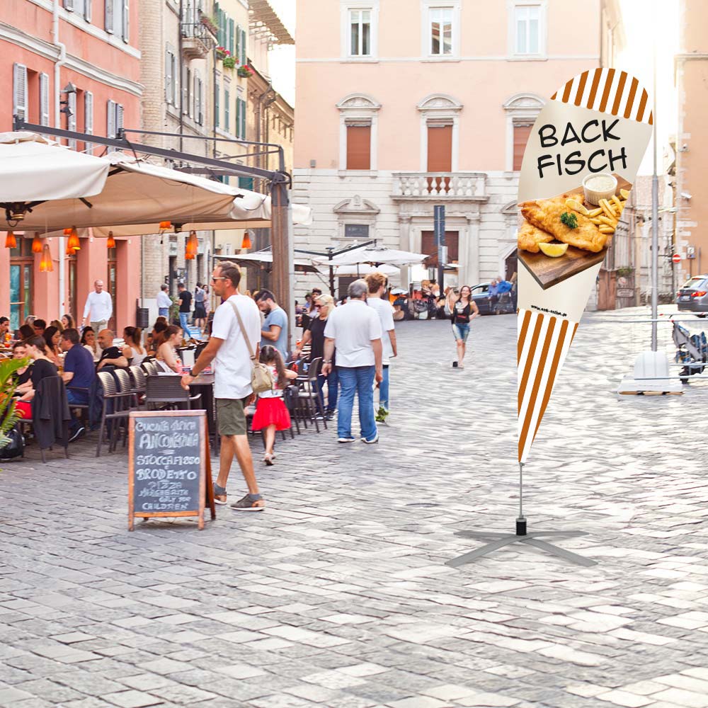 Beachflag "Leckeres im Bierteig" 120 x 360 cm Tropfenform, doppellagig