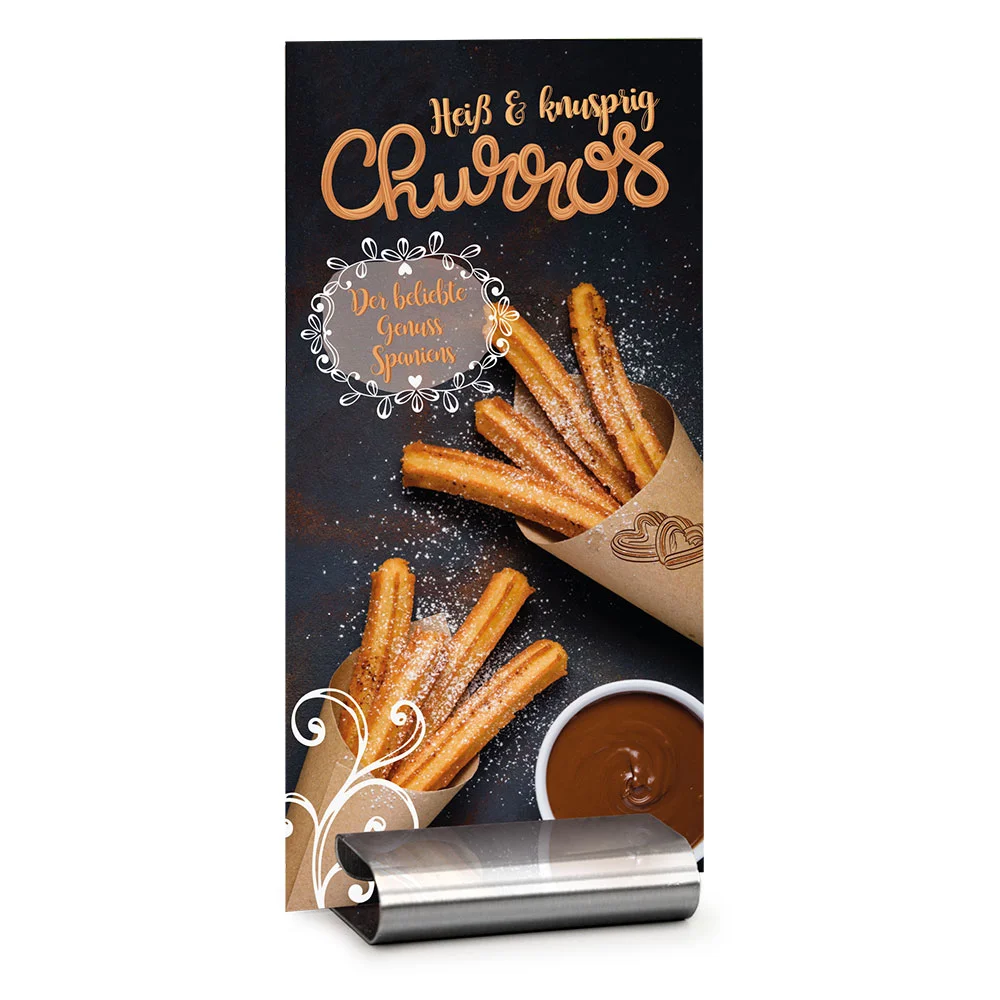 Tischaufsteller Churros - Motiv: Snackbecher auf dunklem Hintergrund